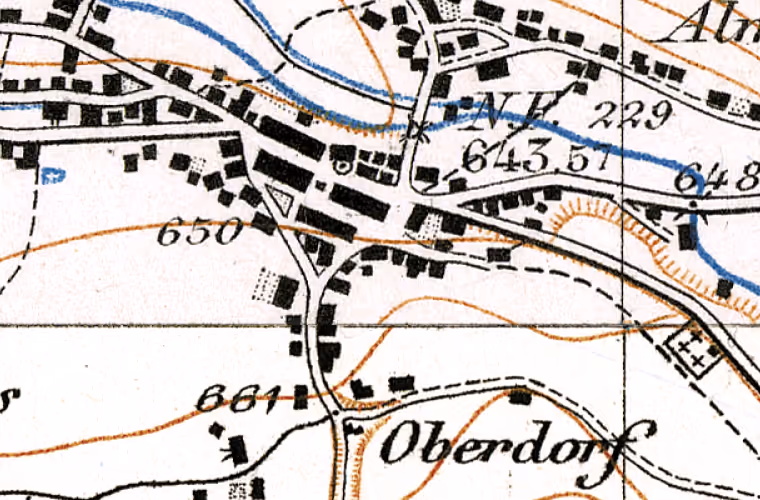 Landeskarte 1890, Ausschnitt um Friedhofweg 4, Huttwil. Der Ring markiert die Lage des Gebäudes.