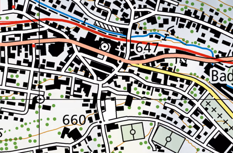 Landeskarte 2021, Ausschnitt um Friedhofweg 4, Huttwil. Der Ring markiert die Lage des Gebäudes.