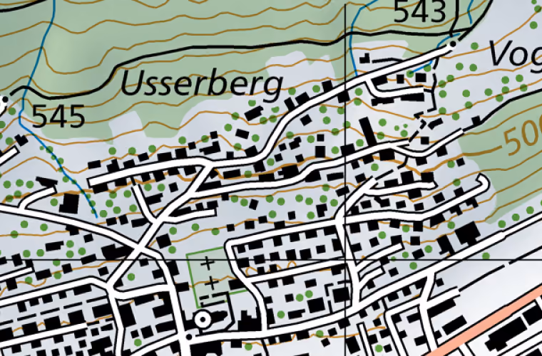 Landeskarte 2021, Ausschnitt um Allmendstrasse 9b, Oensingen. Der Ring markiert die Lage des Gebäudes.