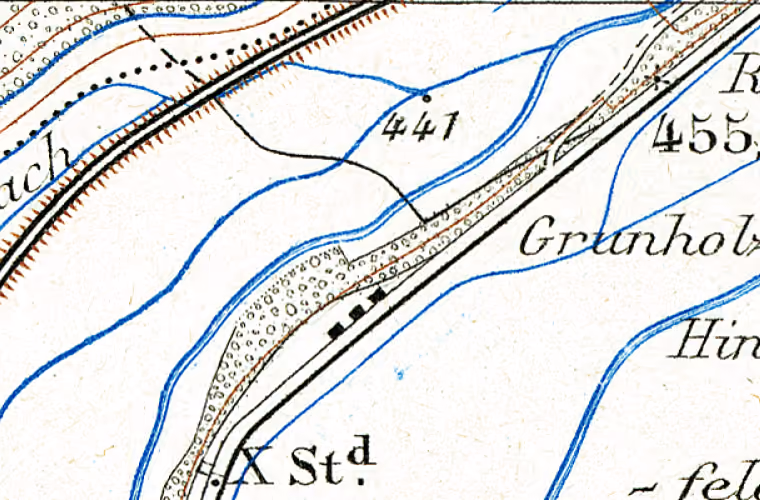 Landeskarte 1900, Ausschnitt um Weibelackerweg 1, Roggwil. Der Ring markiert die Lage des Gebäudes.