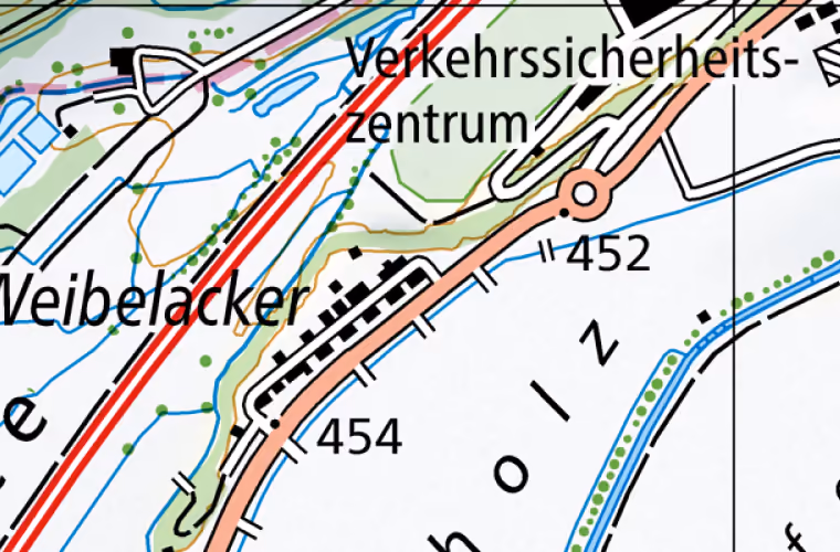 Landeskarte 2021, Ausschnitt um Weibelackerweg 1, Roggwil. Der Ring markiert die Lage des Gebäudes.