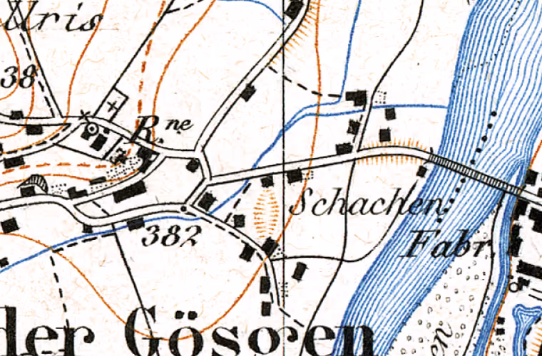 Landeskarte 1880, Ausschnitt um Hauptstrasse 27, Niedergösgen. Der Ring markiert die Lage des Gebäudes.