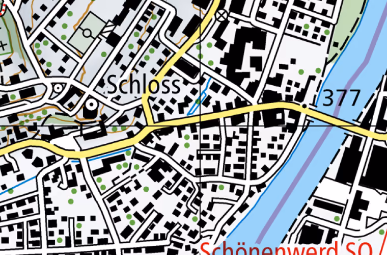 Landeskarte 2021, Ausschnitt um Hauptstrasse 27, Niedergösgen. Der Ring markiert die Lage des Gebäudes.