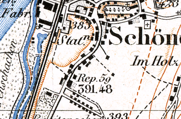 Landeskarte 1880, Ausschnitt um Oltnerstrasse 35, Schönenwerd. Der Ring markiert die Lage des Gebäudes.