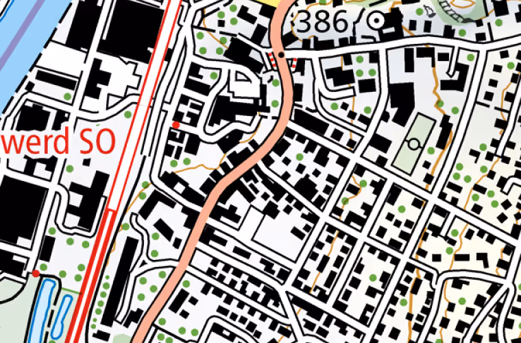 Landeskarte 2021, Ausschnitt um Oltnerstrasse 35, Schönenwerd. Der Ring markiert die Lage des Gebäudes.