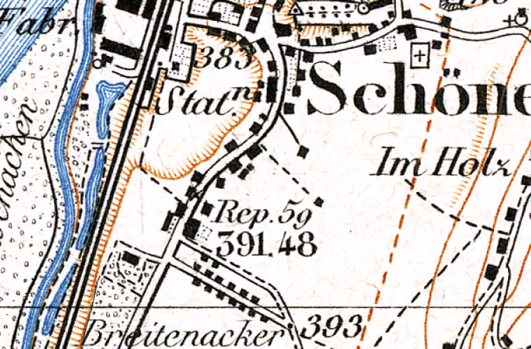 Landeskarte 1880, Ausschnitt um Bäckerstrasse 2, Schönenwerd. Der Ring markiert die Lage des Gebäudes.