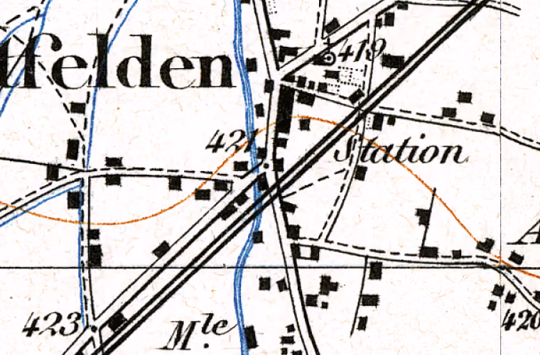 Landeskarte 1880, Ausschnitt um Dorfstrasse 14, Oberentfelden. Der Ring markiert die Lage des Gebäudes.