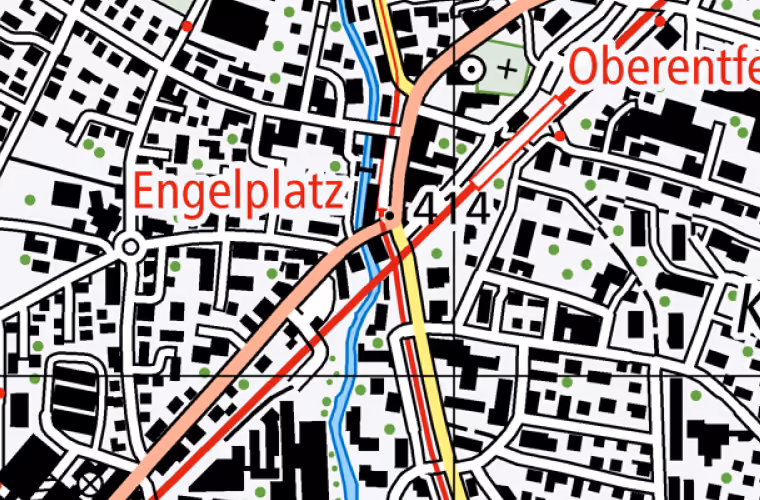 Landeskarte 2021, Ausschnitt um Dorfstrasse 14, Oberentfelden. Der Ring markiert die Lage des Gebäudes.